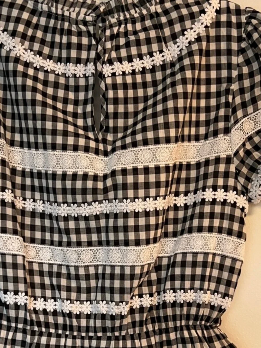 J.Crew Gingham Lace Trim Peplum Top Black & White XXS